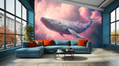 A pastel colorful illustrated whale fish sailing through the sky, through soft, white, thick clouds. Abstract elegant, pink, water animal. Generative AI. Wall mural