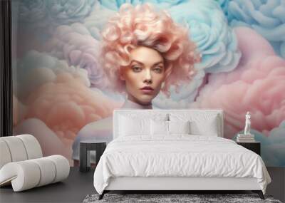 A pastel pink and delicate romantic portrait of a curly haired beautiful girl who is in the clouds of love. Gentle colors. Generative AI. Wall mural