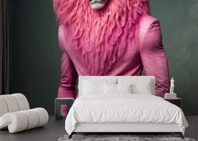 A pastel pink animal king. Lion standing and posing, abstract portrait of a wild animal. Pink big hairstyle. Dark sage green background. Illustration. Generative AI. Wall mural