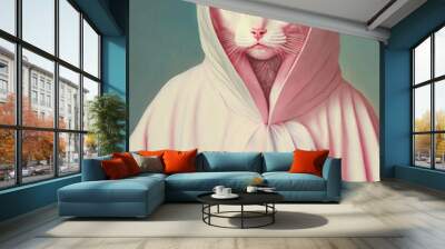 A pastel pink cat who is half animal and half human with a soft cape that is like a bathrobe after a hard day. Abstract portrait. Illustration. Generative AI. Wall mural