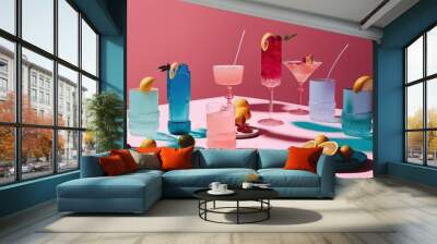 A retro set table for an elegant party, cocktails in glasses and expensive decorations. Sharp shadow, vintage concept. Generative AI. Wall mural