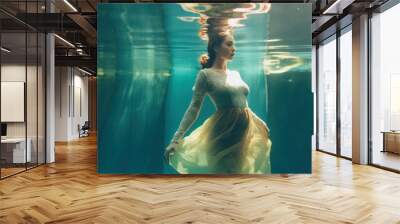 A romantic beautiful young girl in a white long elegant dress swims underwater like a mermaid. The girl in the water. Generative AI. Wall mural