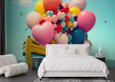 A small ship full of colorful helium balloons sailing the sea. Creative colorful party concept. Beautiful colorful balls as a symbol of fun and love. Illustration, Generative AI. Wall mural