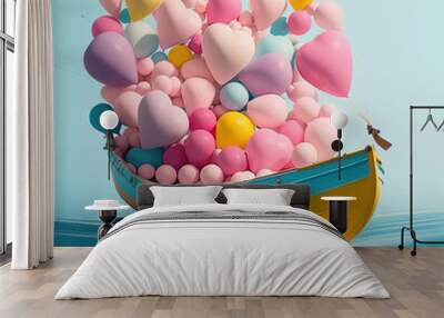 A small ship full of colorful helium balloons sailing the sea. Creative colorful party concept. Beautiful colorful balls as a symbol of fun and love. Illustration, Generative AI. Wall mural