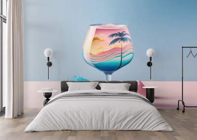 A Summer cocktail in a glass with a Summer holiday in it. Pastel background. Delicious, refreshing refreshment, party drink. Generative AI. Wall mural