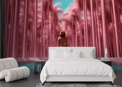 A young beautiful girl entering the calm water to refresh herself from a hot summer day. Soothing summer landscape. Generative AI. Wall mural