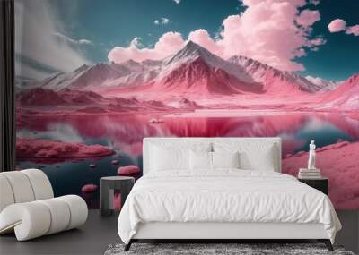 Abstract, beautiful pink landscape. Pink mountains and forests above the water, lake and under the sky with thick clouds. Generative AI. Wall mural