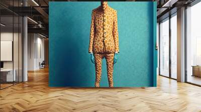 Abstract, creative, illustrated, minimal portrait of a wild animal dressed up as a man in elegant clothes. A giraffe standing on two legs in business giraffe print suit. Generative AI. Wall mural