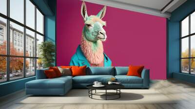 Abstract, creative, illustrated, minimal portrait of a wild animal dressed up as a man in elegant clothes. A lama in a trendy vintage hipster casual sweatshirt. Generative AI. Wall mural