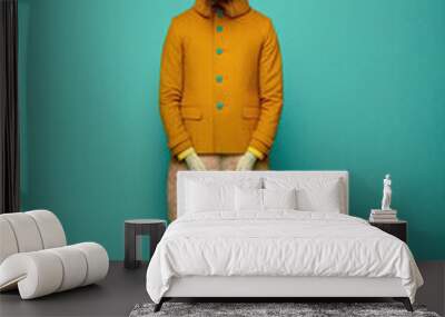 Abstract, creative, illustrated, minimal portrait of a wild animal dressed up as a man in elegant clothes. A rabbit standing on two legs in a yellow jacket. Generative AI. Wall mural