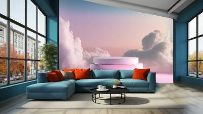 Abstract, elegant podium and product pedestal, fairytale landscape. Pastel purple, pink soft clouds background. 3D Illustration. Wall mural