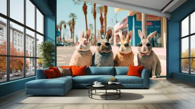 Abstract, modern group of Easter bunny dressed, standing and posing as a human in city center. Trendy modern hipsters, animals in fashion suits. Illustration. Generative AI. Wall mural