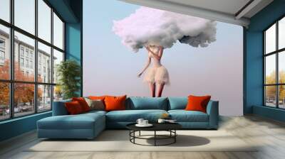 Abstract creative concept of pastel, thick, fluffy, white clouds in the sky. Abstract loving woman fly in her mind, landscape illustration. Generative AI. Wall mural