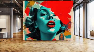 Abstract creative retro but contemporary pop art collage concept of female lips, red elegant lipstick. Colorful vivid vintage background. Generative AI. Wall mural