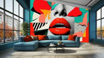 Abstract creative retro but contemporary pop art collage concept of female lips, red elegant lipstick. Colorful vivid vintage background. Generative AI. Wall mural