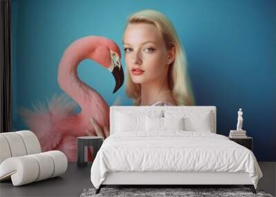 Abstract exotic pastel pink animal and woman concept portrait, young beautiful girl and tropical elegant flamingo. Generative AI. Wall mural