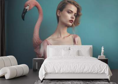 Abstract exotic pastel pink animal and woman concept portrait, young beautiful girl and tropical elegant flamingo. Generative AI. Wall mural