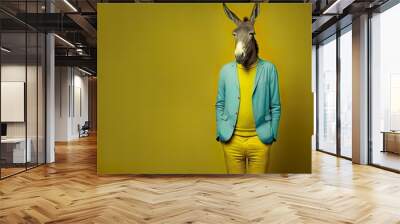 Abstract funny animal portrait of a donkey dressed as a man, a businessman, standing and posing as a model on a vintage background. Modern clothes. Illustration. Generative AI. Wall mural