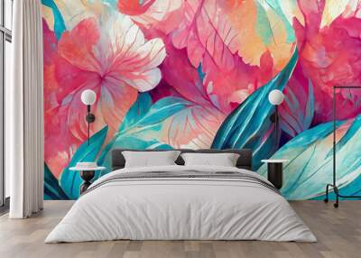 Abstract Illustration of pink and teal tropical leaves and flowers. Procreate style.  Wall mural