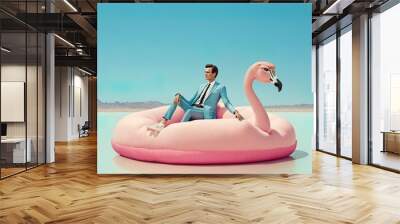 Abstract pastel pink creative concept in desert on hot sand, seashore big inflatable flamingo with young man in elegant suit enjoying on the beach. Illustration, Generative AI. Wall mural