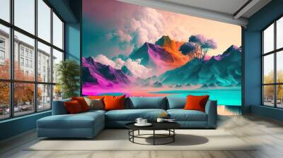 Abstract vivid colors landscape of desert mountains, dunes and sand. Colorful bright colors. Illustration, Generative AI. Wall mural