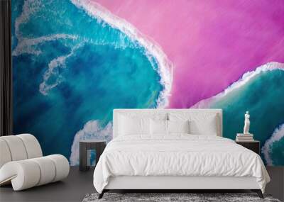 An abstract coast of magical colors purple and blue and a wave hitting the sand. Tropical sea and vacation in Paradise. Flat lay 3D Illustration background. Wall mural