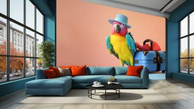 Animal abstract creative concept of parrot preparing for summer trip, tourist parrot with suitcase on pastel background. Generative AI. Wall mural