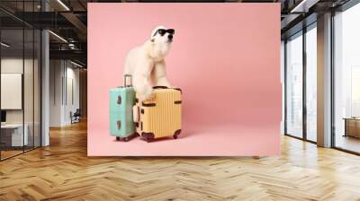 Animal abstract creative concept of polar bear preparing for summer trip, tourist bear with suitcase on pastel background. Generative AI. Wall mural