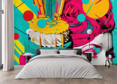 Birthday fusion of contemporary art and old fashioned style. Pop art background, colorful colors, collage of different elements and symbols of celebration and party. Illustration. Generative AI. Wall mural