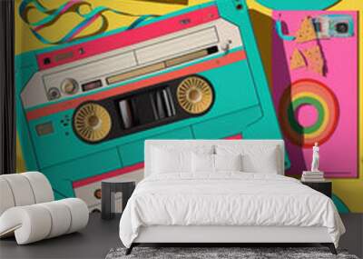 Cassette tape fusion of contemporary art and old fashioned style. Pop art background, colorful colors, collage of different elements and symbols of celebration and party. Illustration. Generative AI. Wall mural