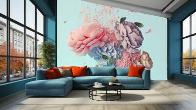 Cloud creative love concept of fresh Spring flowers in the sky background. Love, happy Valentine's Day an exploding bouquet. Pastel blue background. Illustration. Generative AI. Wall mural