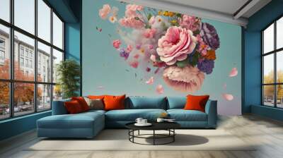 Cloud creative love concept of fresh Spring flowers in the sky background. Love, happy Valentine's Day an exploding bouquet. Pastel blue background. Illustration. Generative AI. Wall mural