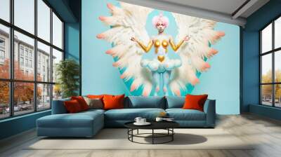 Creative abstract pastel portrait of a young, beautiful girl who is like a lovebird with feathers and wings on a pastel background. A costume of love and peace. Illustration. Generative AI. Wall mural