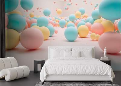 Creative fun concept of colorful helium balloons, balls surprise flying, party is in the air. Pastel pink background. Generative AI. Wall mural