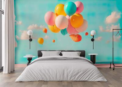 Creative fun concept of colorful helium balloons, surprise package flying, party is in the air. Pastel blue background. Illustration, Generative AI. Wall mural