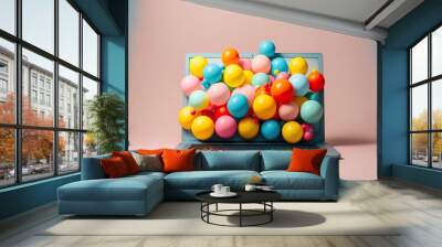 Creative fun concept of colorful helium balloons, surprise package flying, party is in the air. Pastel pink background. Illustration, Generative AI. Wall mural