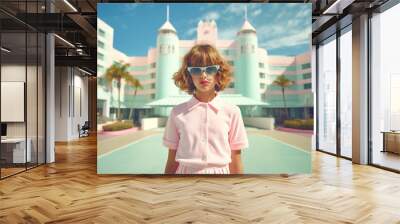 Cute little school girl in pink school uniform ready to learn and acquire new knowledge. The end of summer and the beginning of autumn in a city on the coast with palm trees. Wall mural