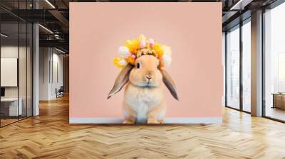 Easter pastel creative concept. Little cute bunny with a floral wreath on his head surrounded with fresh Spring flowers. Small animal rabbit. Illustration. Generative AI. Wall mural