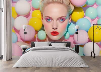 Fashion illustrated flat lay portrait of a young makeup blonde girl with pastel balls that are like marshmallows and sweets. Elegant face. Gentle feminine colors. Generative AI. Wall mural