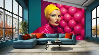 Fashionable, contemporary styling of bright vivid colors, elegant modern style of young beautiful girl with extravagant hat. Generative AI. Wall mural