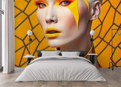 Fashionable, modern portrait of a young beautiful girl, beautiful creative make-up, blonde hair, yellow color. Futuristic styling. Generative AI. Wall mural