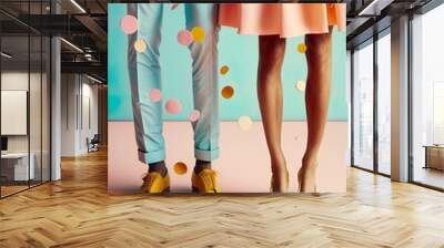 Fashionable pastel vintage concept of women and man footwear, autumn elegant shoes, legs on which pastel confetti falls from the party. Illustration. Generative AI. Wall mural