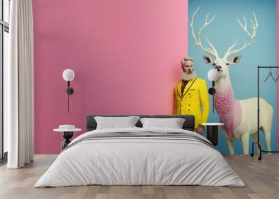 Fashionably young urban hipster man in trendy yellow suit with white reindeer on pastel pink background. Elegant minimal illustration. Generative AI. Wall mural