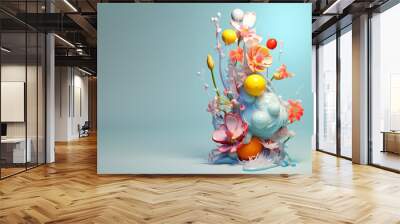 Floral plant creative concept, flowers explosion in smoke and mist of delicate colors on pastel blue background. Romantic decoration. Wall mural