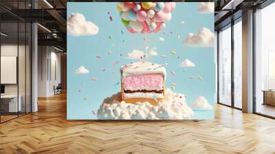 Food creative concept on pastel blue background, delicious colorful pastel delicious, sweet birthday cake. An explosion of dessert flavors. Illustration. Generative AI. Wall mural