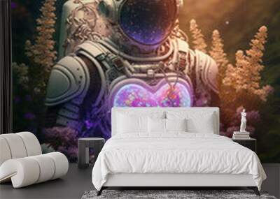 Futuristic love alien warrior astronaut robot in cyber suit and helmet made of fresh Spring flowers who picks flowers in space, mask portrait. Valentine's Day, fictional 3d character, Generative AI. Wall mural