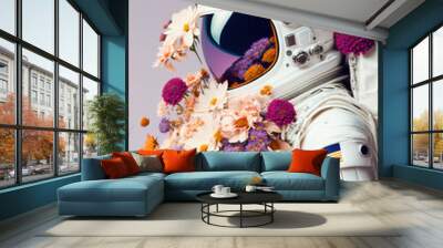 Futuristic white alien warrior astronaut robot in cyber suit and helmet made of fresh Spring flowers, mask portrait. Conquering galaxies and space. A fictional 3d character, Generative AI. Wall mural