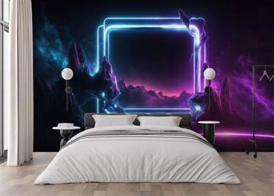 Galaxy futuristic podium and product pedestal with neon cyberpunk square frame. Cyber purple lights, glow smoke and dust. 3D Illustration. Generated AI. Wall mural