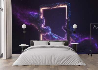 Galaxy futuristic podium and product pedestal with neon cyberpunk square frame. Cyber purple lights, glow smoke and dust. 3D Illustration. Generative AI. Wall mural