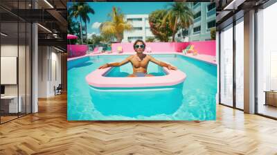 Handsome modern young man, attractive man in swimming pool enjoying exotic travel and summer relaxation. A hot summer and sunny day. Generative AI. Wall mural